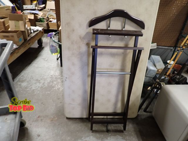 Lot 59-50010 - Folding Valet Stand Contoured Wooden Hanger for Suits, Metal Bar for Pants. Foldable Construction Al...