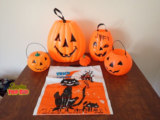 Lot 59-39789 - Mid-Century 1960s Various Sizes Blow Mold Pumpkin Treat Pails and Vintage Halloween Plastic Bag