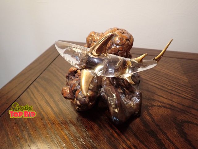 Lot 59-43069 - Glass Baron Shark Figurine Stormy Manzanita Wood Base 22K Gold Accents