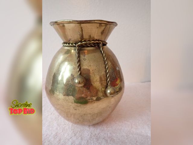 Lot 59-43554 - Vintage Hammered Brass Vase with Twisted Rope &amp; Tassel Design