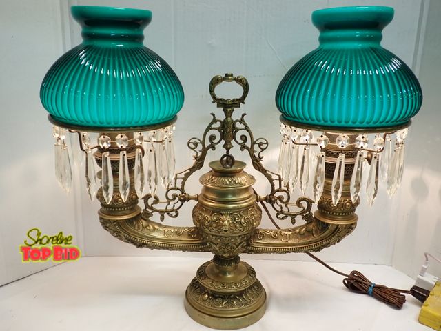 Lot 59-14016 - Awesome Victorian Double Glass Emerald Green/Blue Shade with Very Heavy Gilded Bronze Body featuring...