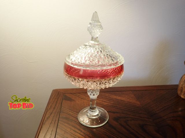 Lot 59-43045 - Vintage Indiana Glass Diamond Point Compote Candy Dish Ruby Red with Lid