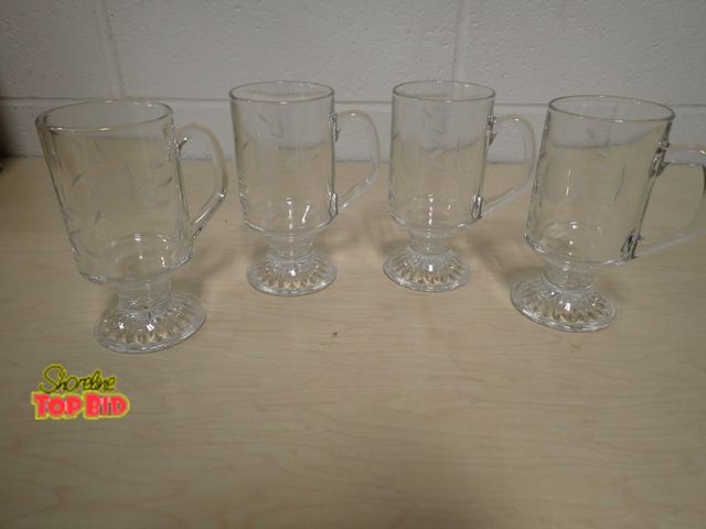 Lot 59-13074 - Beautiful Set of 4 Frosted and Etched Pedestal Mugs. Good for Coffee, Tea, Cocoa, You Name It. Nice ...