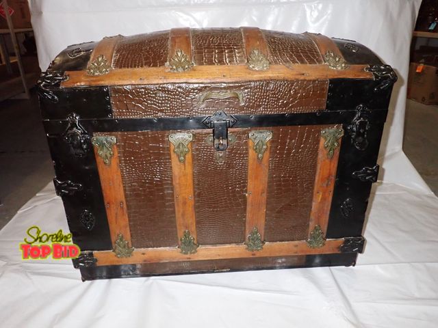 Lot 59-14210 - Antique Camelback (or Humpback) Steamer Trunk, Late 19th Century, Embossed Tin "Faux Alligator" Orna...