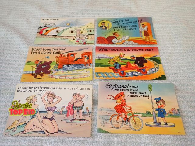 Lot 59-21412 - (6) 1940s Mid-Century Comical Unused Postcards