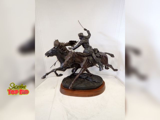 Lot 59-10145 - Signed 1981 Bronze Sculpture titled "Sabre and Lance" by Sculptor James Muir 8/30 on Swivel Wooden B...
