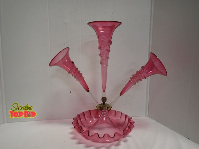 Lot 59-14036 - Rare Antique Victorian Cranberry Glass Epergne Centerpiece, 3 Trumpet 1870s to 1880s, 16" tall. Esti...