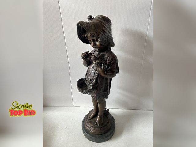 Lot 59-10008 - After Fuenze "Girl Holding Bird" Bronze Sculpture 24.5" tall
