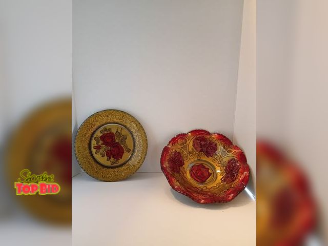 Lot 59-10210 - Two glass " goofus glass" one bowl (aprx 9.25 inches) and one plate (aprx 8.5 inches)  These were ma...