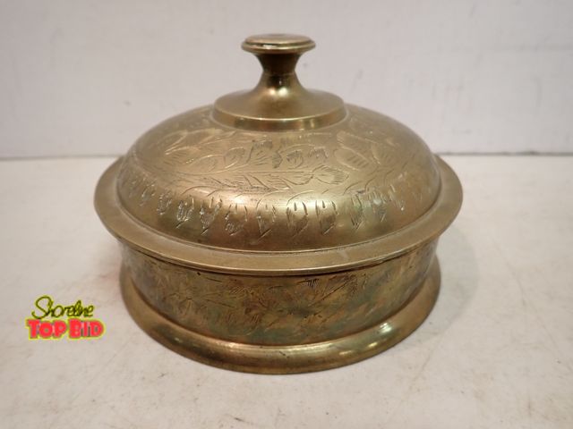 Lot 59-14559 - Mid-Century Brass Trinket Box with Lid, Etched Vining Designed 4" ht x 5 3/4" dia