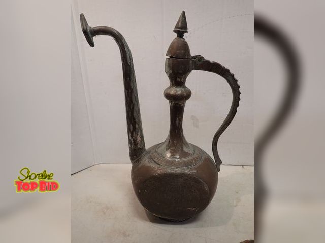 Lot 59-14684 - Persian Hand-Forged Heavy Copper Aftaba/Pitcher/Water/Teapot with Etched Figural Scene 14" tall