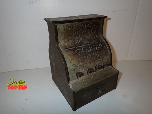 Lot 59-10167 - Original Ca. 1910 Cast Iron National Savings Mechanical Bank with Bell Sounds, Working, 6 3/4" x 5 1...
