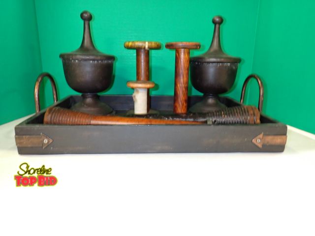 Lot 59-10674 - Katie Brown Serving Tray with Antique Wood Industrial Spools and More! Very Cute Lot!