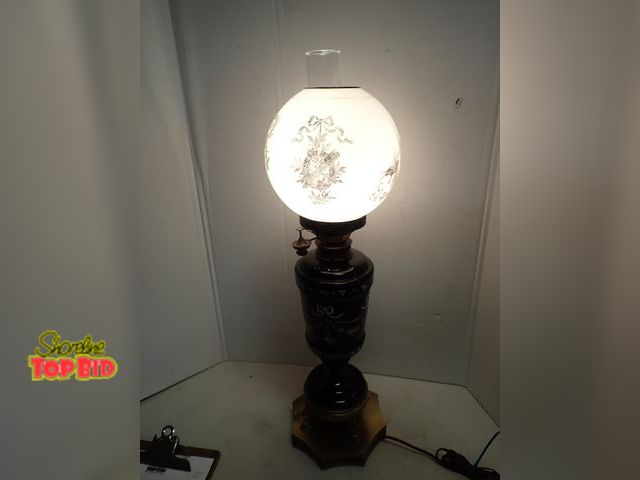 Lot 59-14435 - Appears to be a Napolean III Style Oil Lamp from Late 19th Century 1890 Black Glass Body with Enamel...