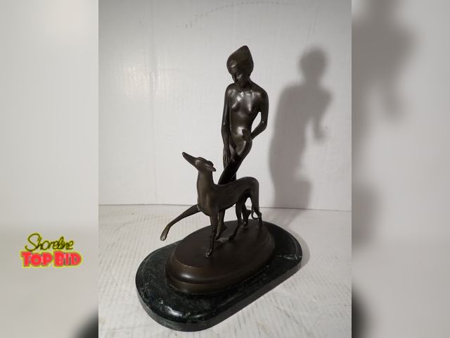 Lot 59-10113 - Bronze Art Deco Sculpture titled "Woman and Greyhound" by Spanish Artist Ignacio Gallo on Marble Bas...