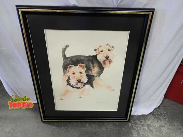 Lot 59-20142 - Vintage Framed Watercolor Painting, Two Airedale Terriers 31 1/2" x 26"
