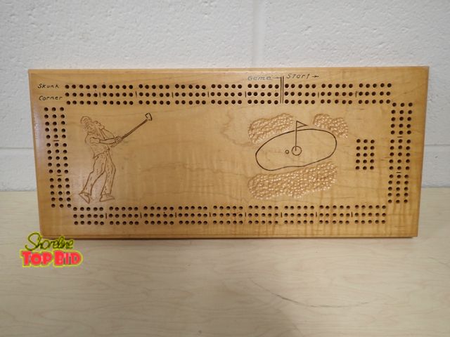 Lot 59-33173 - Handcrafted Wooden Cribbage Board Golf-Themed Engraving