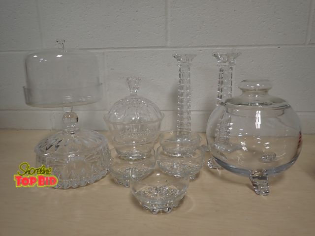 Lot 59-41349 - Collection of Various Cut Glass or Crystal Items, Lidded Candy Dishes, Bowls, Candlesticks, and Mini...