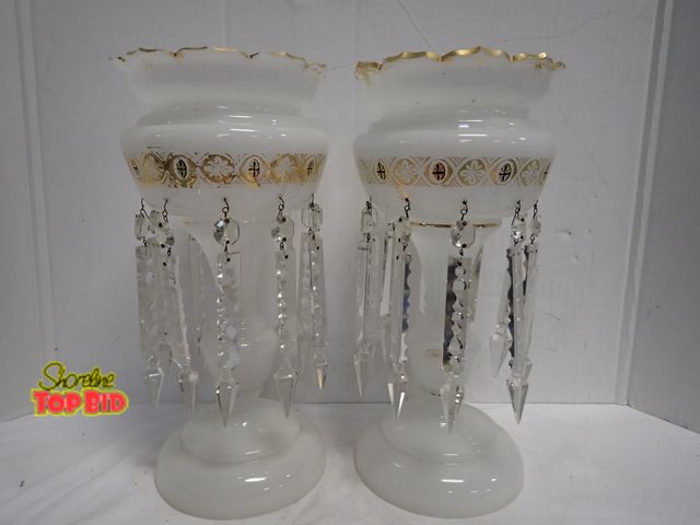 Lot 59-14058 - Pair of Antique Victorian White Opaline Glass Lustres (mantel lusters) Glass Prisms with Gold Gildin...