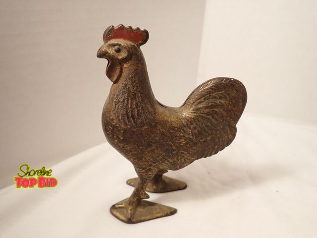 Lot 59-13103 - Antique Cast Iron Rooster Still Bank by Hubley 1910s - 1930s, Value $110 and $225, About 4 3/4" to 5...