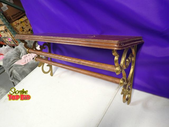 Lot 59-41518 - Vintage wooden brass wall hanging shelf with double hanging towel rack