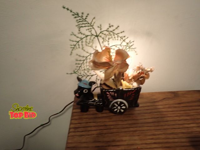Lot 59-43406 - Vintage Ceramic Porcelain Anthropomorphic Donkey with Cart Planter and Light