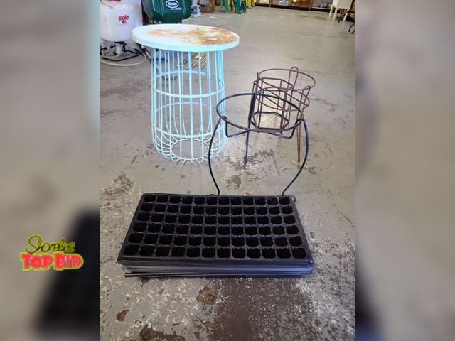 Lot 59-20081 - 4 Metal Plant Stands, with Just Over a Dozen Plastic