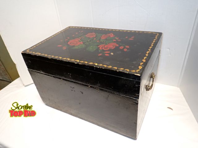 Lot 59-10426 - Antique French Folk Art Painted Wood Marriage Box 11 1/2" x 18" x 12", 2 Brass Handles
