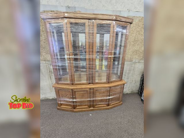 Lot 59-76038 - Vintage oak hutch with glass shelves with storage under lights work
