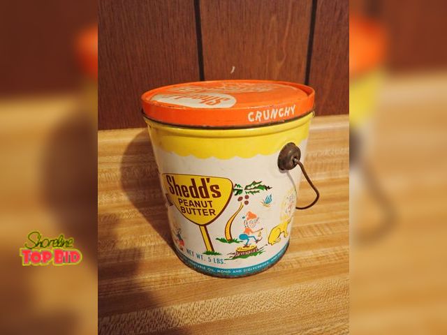 Lot 59-43350 - Vintage Shedds Crunchy Peanut Butter Tin Pail with Lid &amp; Handle