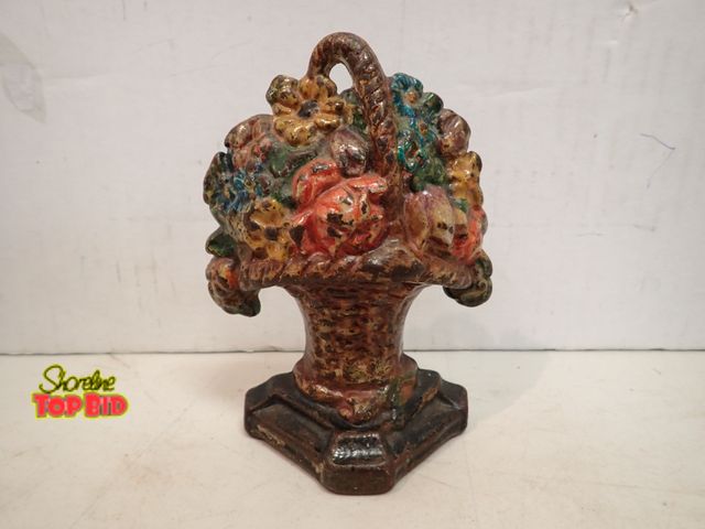 Lot 59-14385 - Antique Victorian Cast Iron Doorstop Painted Floral Bouquet Basket, Produced between Early 1900s and...