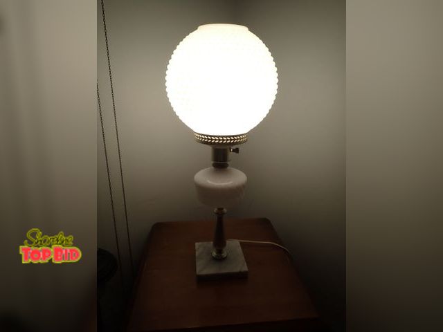 Lot 59-43401 - Vintage Hobnail Milk Glass Parlor Table Lamp with Marble Base - has Small Chip on Globe, See Pics