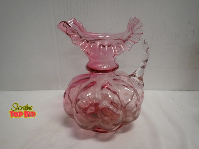 Lot 59-14015 - Melon Ribbed Art Glass Pitcher Crimped, Ruffled. No Damage, 7 1/2" x 6" dia