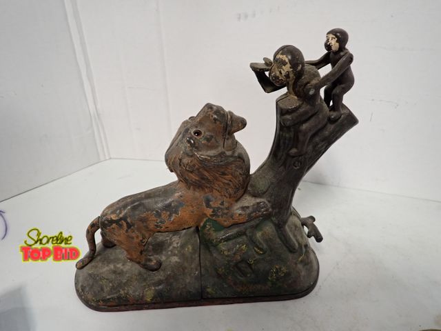 Lot 59-10292 - Ca. 1883, Rare Cast Iron,  American Lion &amp; Monkeys Rare Mechanical Bank, by Kyser &amp; Rex. Est...