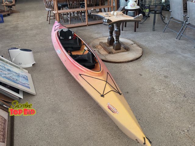 Lot 59-95000 - OFFSITE Two seat used Pamlico Kayak. 27 in width 14 feet long Back seat duct taped