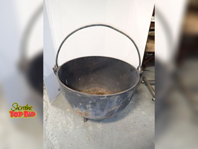 Lot 59-10253 - Antique Cast Iron Cauldron or Sugar Kettle, featuring a Large Round Basin, a Thick Bail Handle for L...
