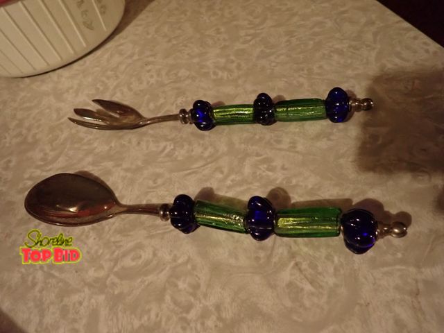 Lot 59-43374 - 2-pc Glass Bead Handled Stainless Steel Serving Set, 10 1/2" long Green &amp; Blue