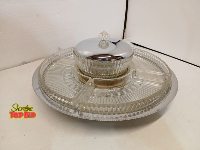 Lot 59-71016 - Vintage Lazy Susan Chrome &amp; Glass Carousel Tray 5 Ribbed Crystal Inserts Kromex