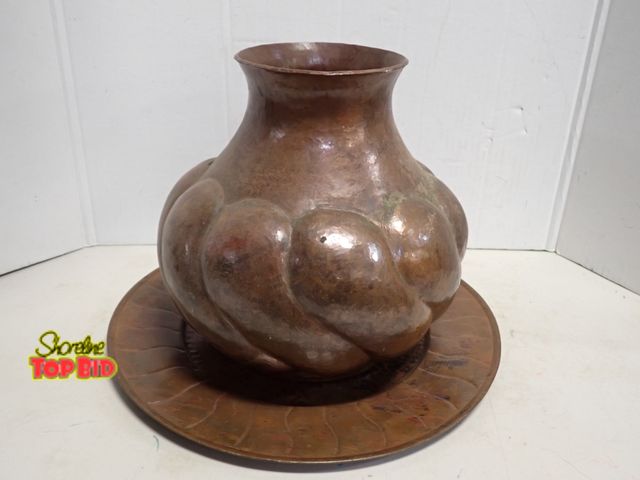 Lot 59-14594 - Large Heavy Hammered Copper Vase 11" x 11" Diameter with Swirl Ribbed Design. also, 16" dia Platter ...
