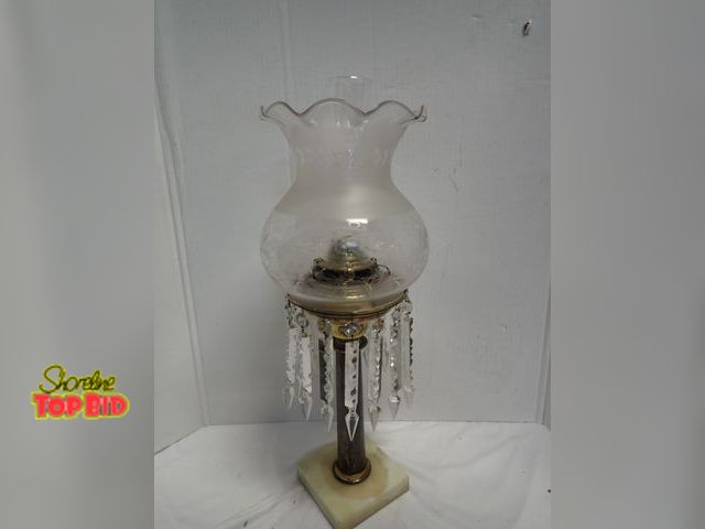 Lot 59-14023 - 1800s Era Cornelius &amp; Co Oil Lamp with Glass Prisms with Original Etched Shade 23" tall
