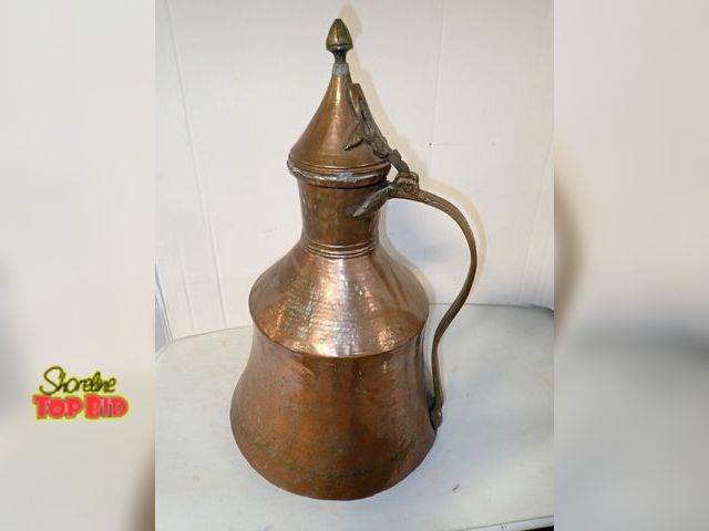 Lot 59-10391 - Antique Hand Hammered Copper Lidded Water Bursa Carafe Century Kettle Pitcher 21" tall by 12 1/2" di...