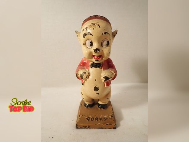 Lot 59-13115 - Cast Iron Porky Pig Still Bank 1930s by Hubley, Value $65 to $200