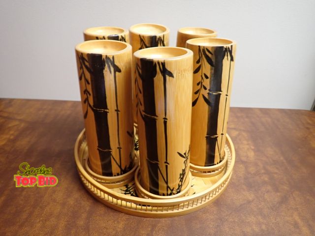 Lot 59-39463 - Vintage Japanese Sumi-e Painted Bamboo Serving Set - likely from the 1950s or 60s Round Tray, 6 Cups...