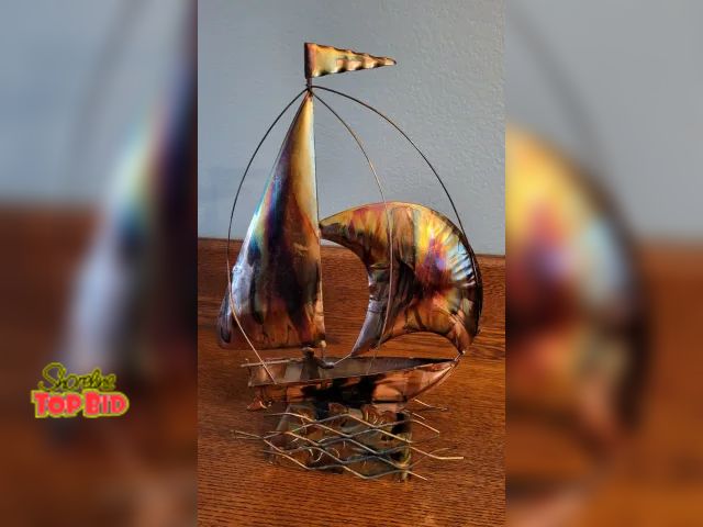 Lot 59-74459 - Vintage MCM Copper Metal Sculpture Sail Boat Music Box Plays "Beyond the Sea" La Mer Rides the Waves...