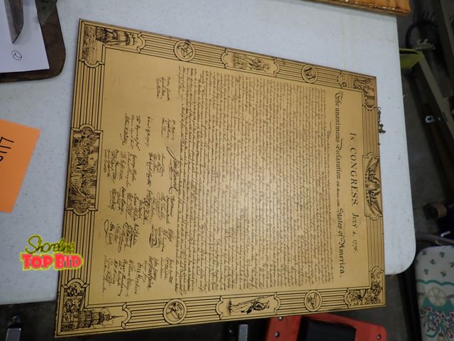 Lot 59-41055 - Brass Plaque Declaration of the 13 United States 16" x 13", This Plaque was Gifted 1940 - see Back