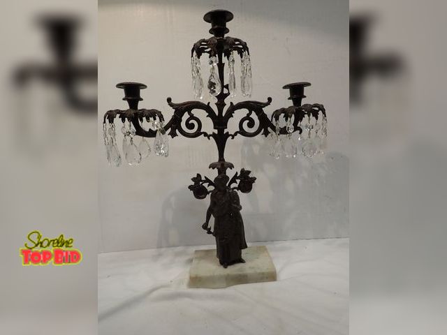 Lot 59-14022 - Beautiful Bronze French Victorian Candelabra with Marble Base, Hanging Glass Prisms 1880s, 18 1/4" t...