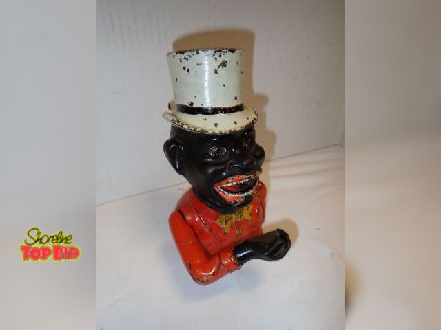 Lot 59-10353 - Antique Cast Iron Mechanical Coin Bank Jolly Black Americana, Working, Original