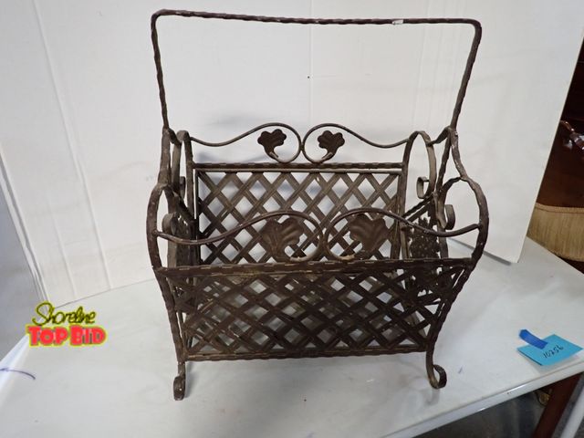 Lot 59-10256 - Vintage Wrought Iron Magazine Rack, Ornate, French Country or Rustic Industrial Styling 19" x 15" x ...