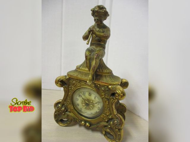 Lot 59-31314 - 1891 Waterbury Flute Player Gilded Bronze Mantel Clock 7 1/2" tall