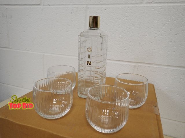 Lot 59-45087 - Mid-Century Karoff Glass Liquor Decanter Specifcally Labeled for Gin with 4 LaRochere NA Odessa Tumb...